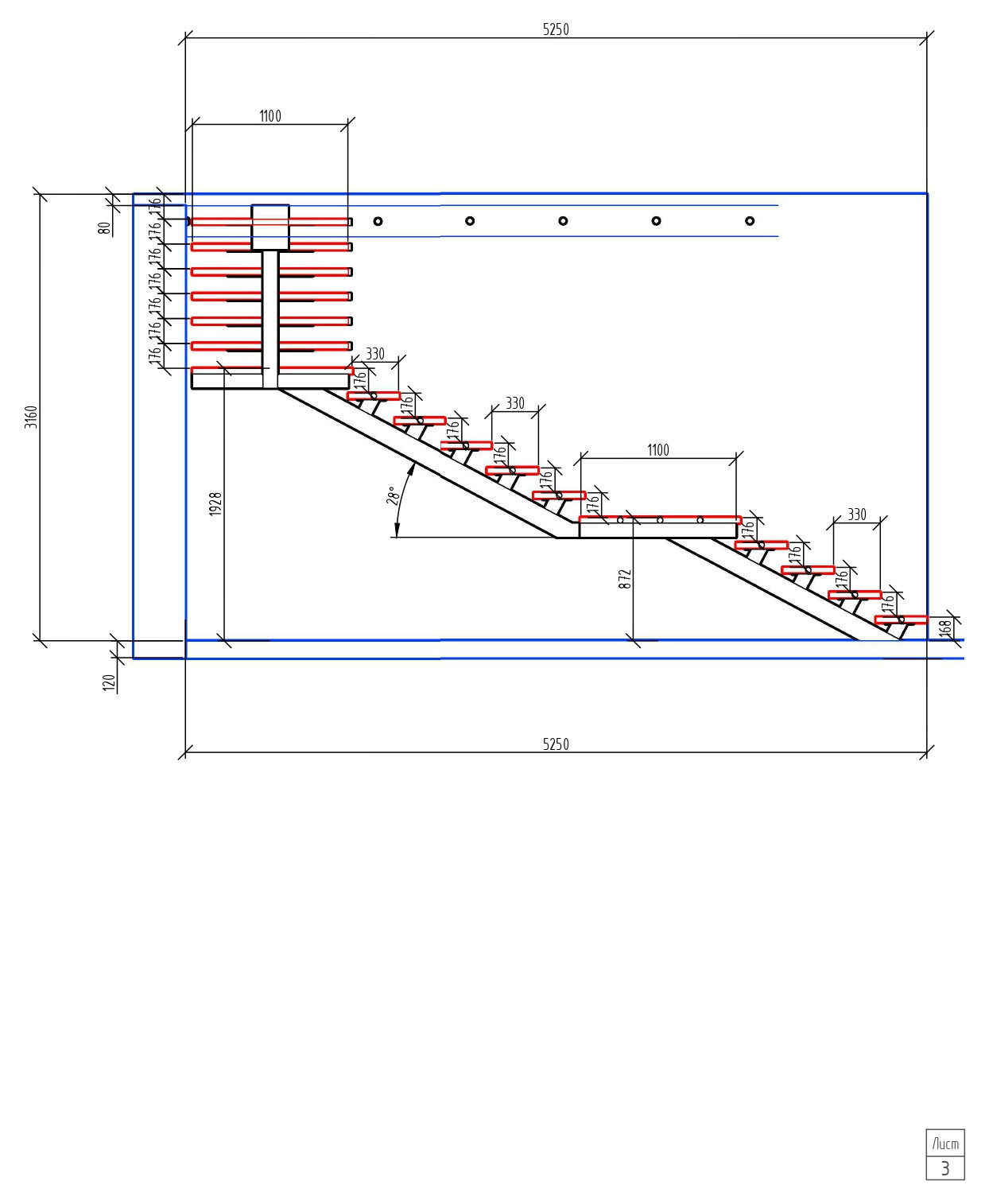 Лестница на монокосоуре с опорными столбами внутри стены из пеноблока