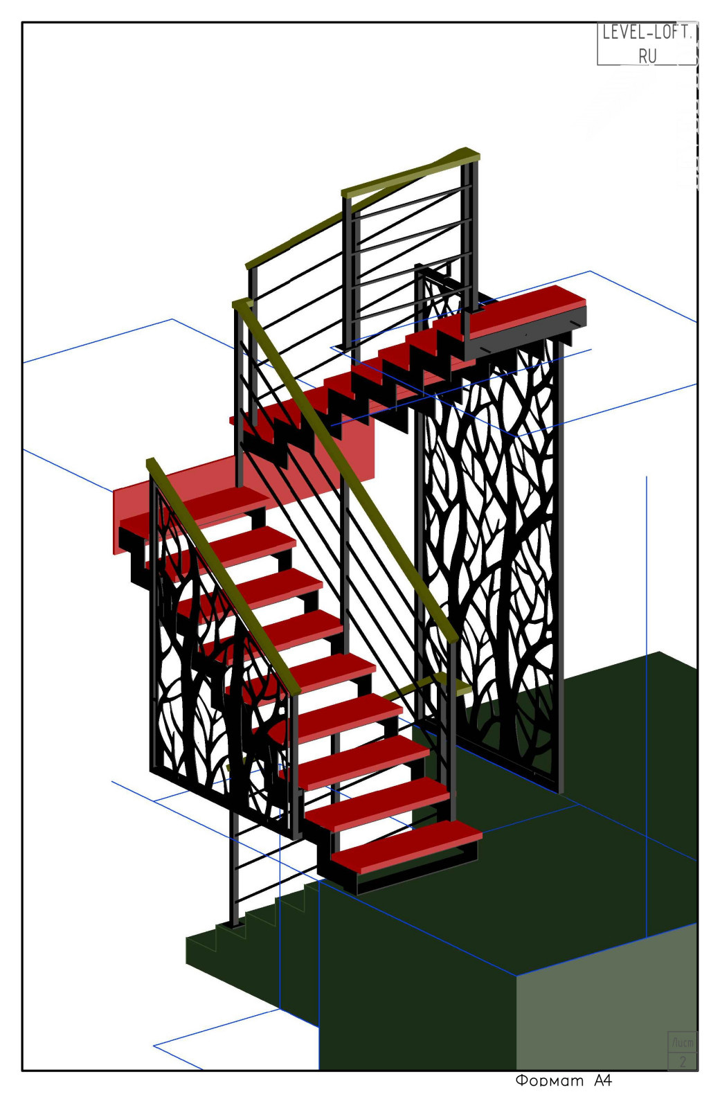 Лестница на двух косоурах из листа металла с межэтажной площадкой
