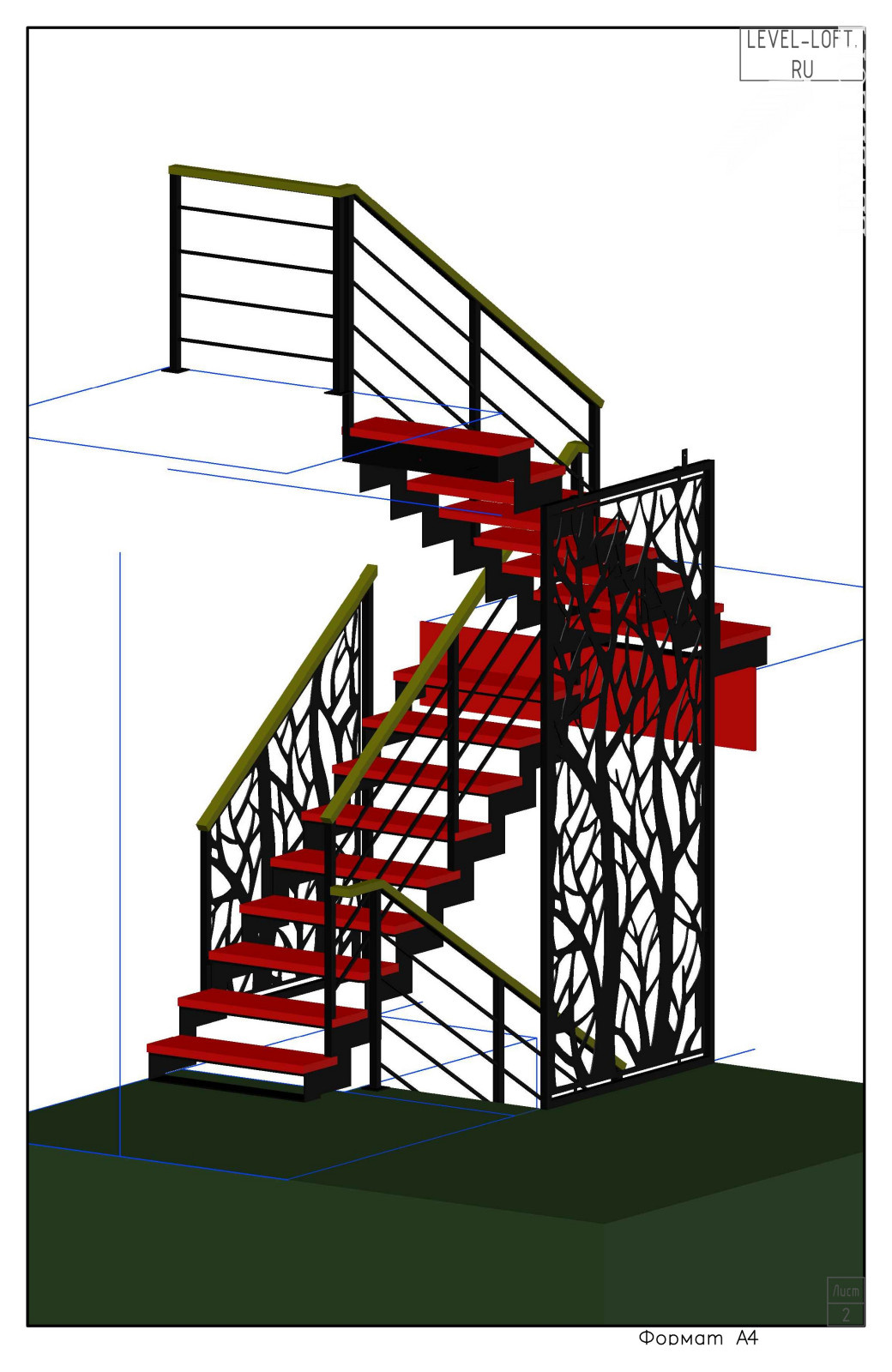 Лестница на двух косоурах из листа металла с межэтажной площадкой
