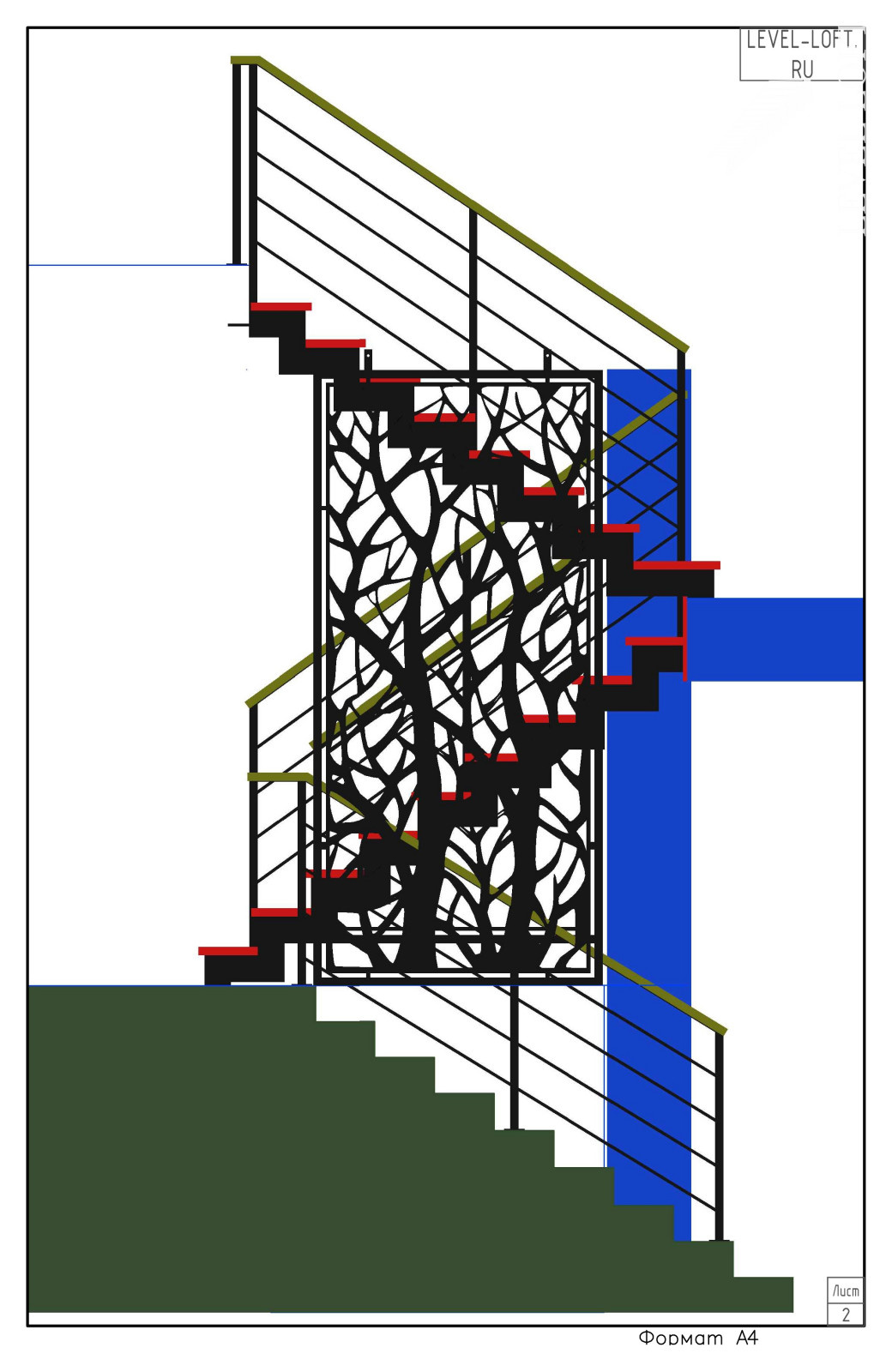 Лестница на двух косоурах из листа металла с межэтажной площадкой