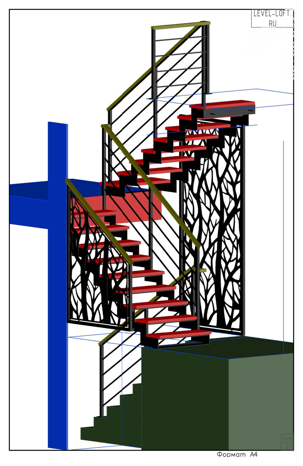 Лестница на двух косоурах из листа металла с межэтажной площадкой