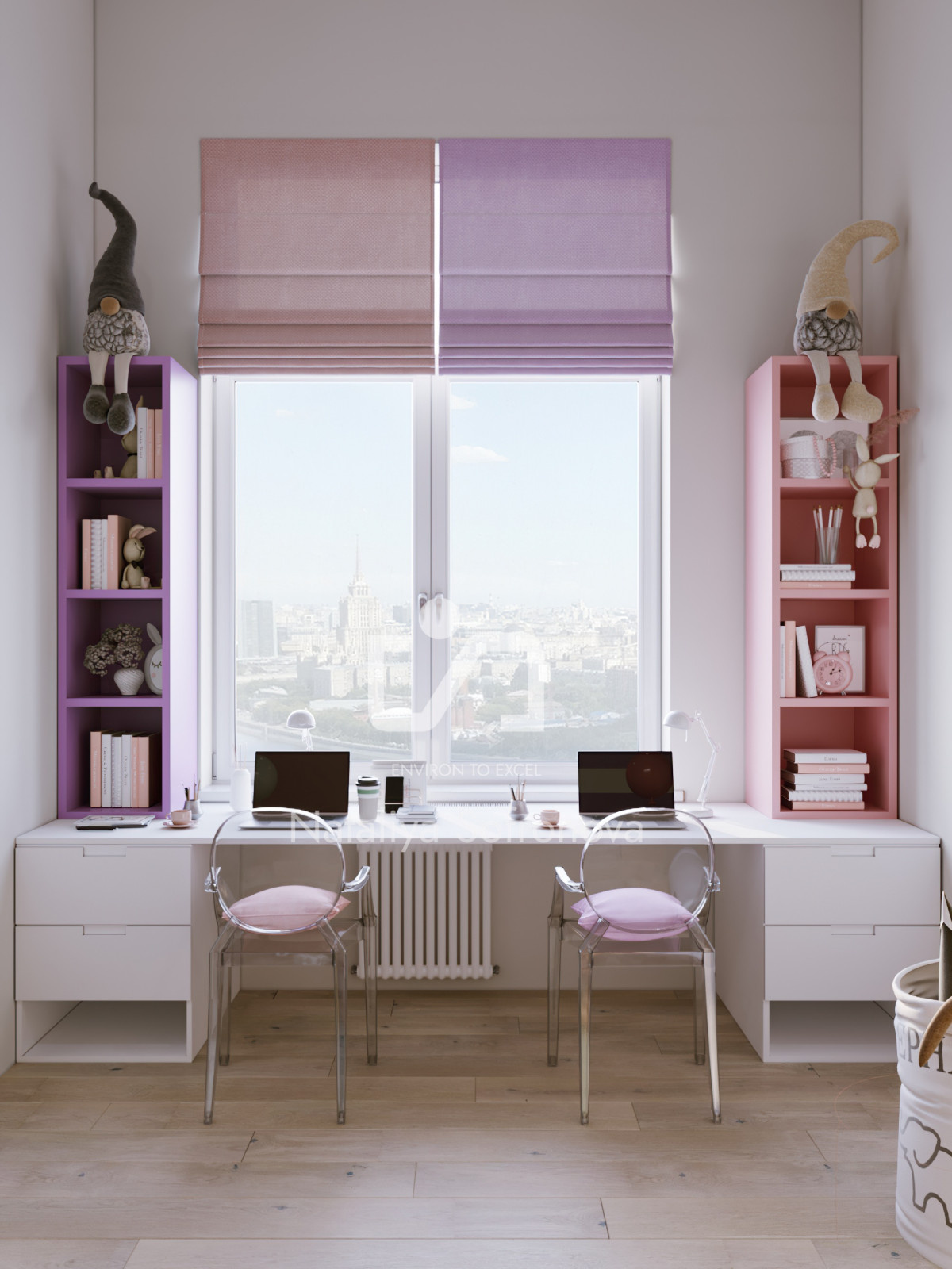 Double Decker Kids' Bedroom in White and Pink