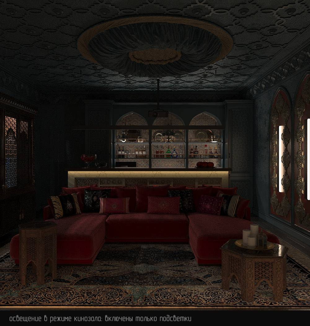 Интерьер кинозала в цокольном этаже загородного дома в Восточном стиле