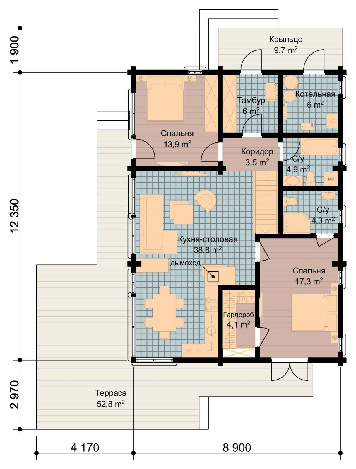 Планировка первого этажа Шале Пешково