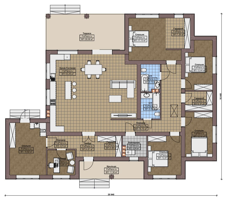Проект одноэтажного дома 16х21м S203м2 F-18197