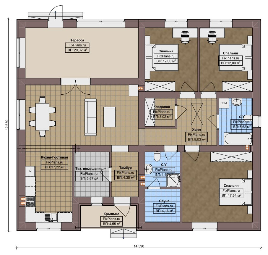 Проект одноэтажного дома 13х15м S135м2 F-18206