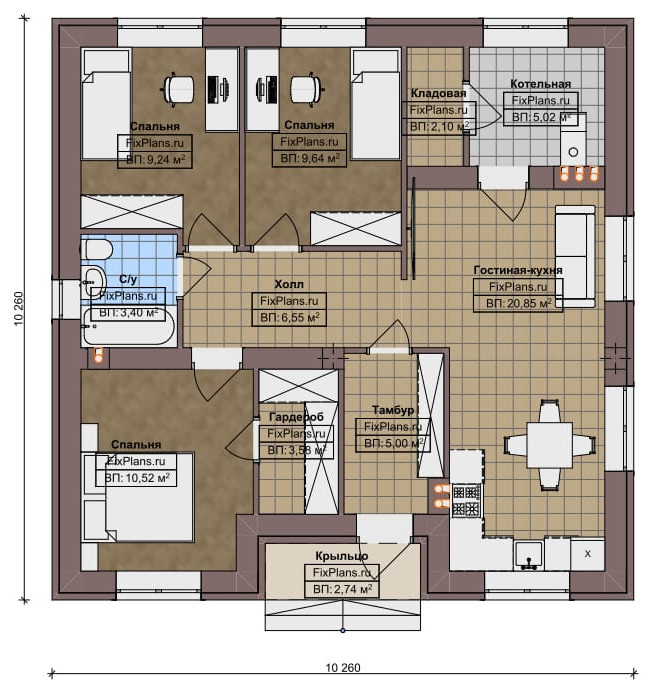 Проект одноэтажного дома 10х10м S76м2 F-17621