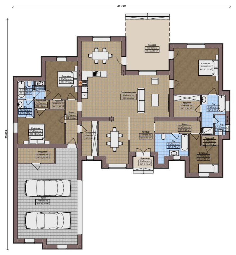 Проект одноэтажного дома 23х22м S261м2 F-17306