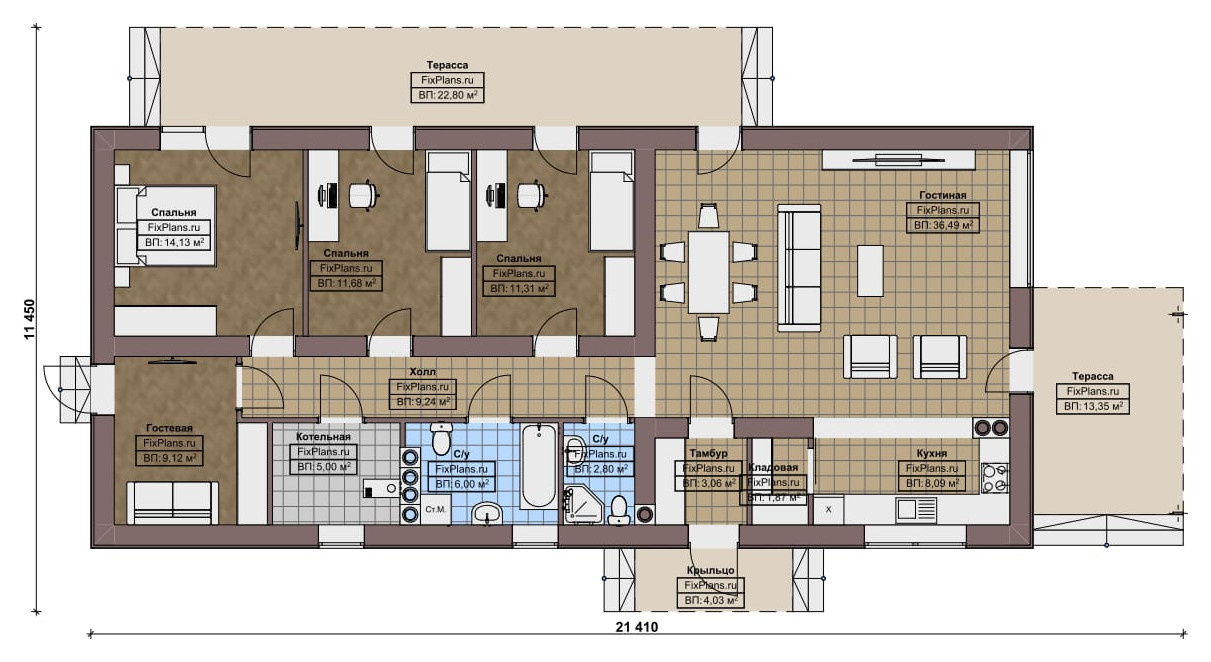 Проект одноэтажного дома 21х11м S155м2 F-16460