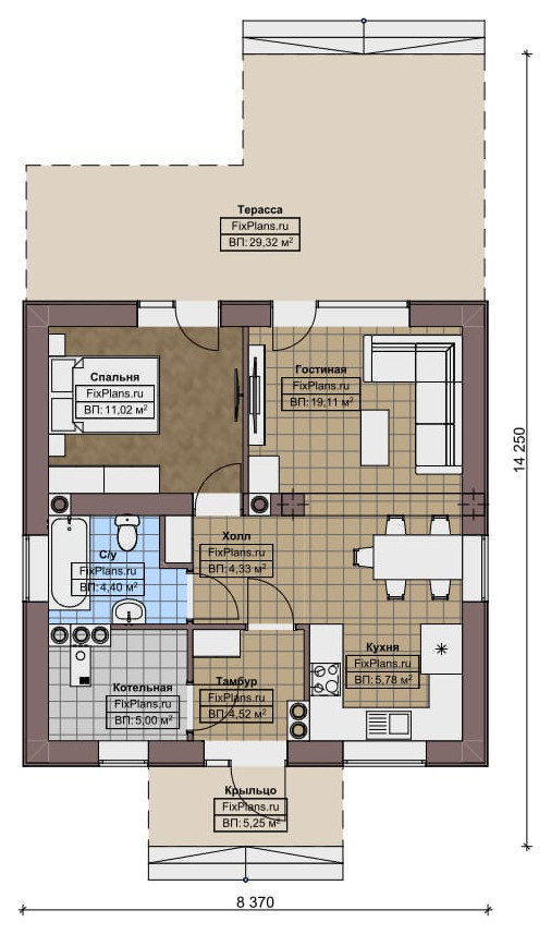 Проект одноэтажного дома 8х14м S83м2 F-16442