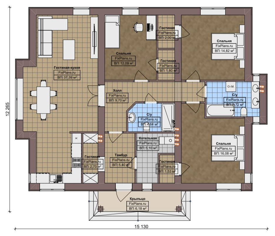 Проект одноэтажного дома 12х15м S120м2 F-17027