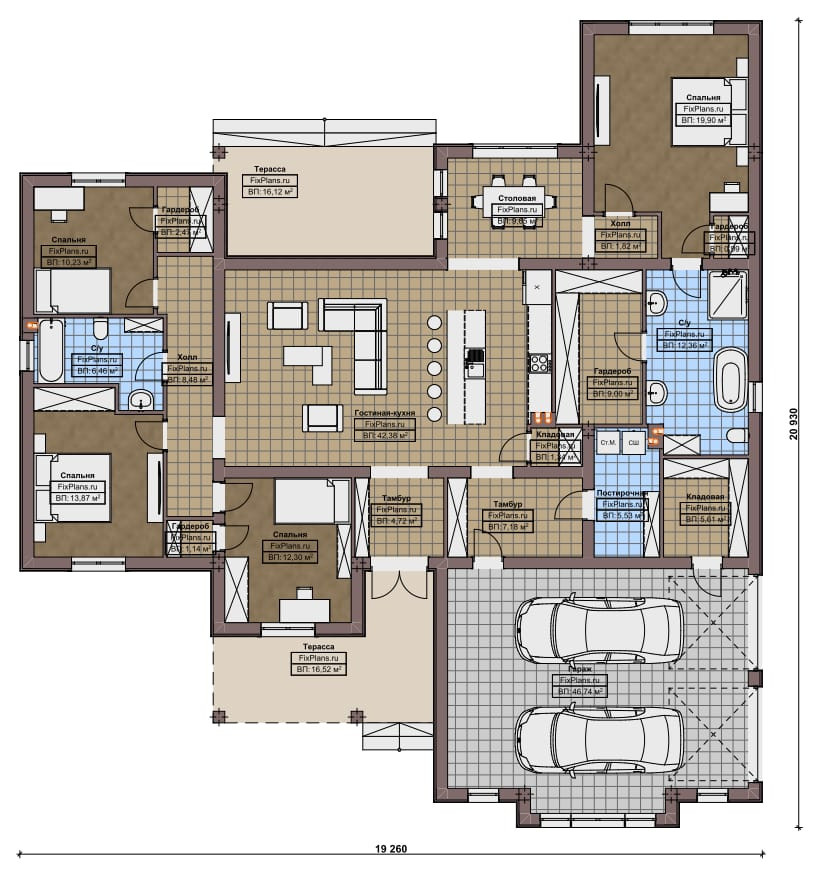 Проект одноэтажного дома 21х19м S255м2 F-17081