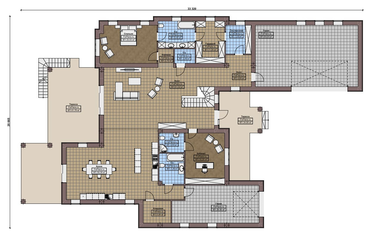Проект одноэтажного дома 33х21м S708м2 F-17162