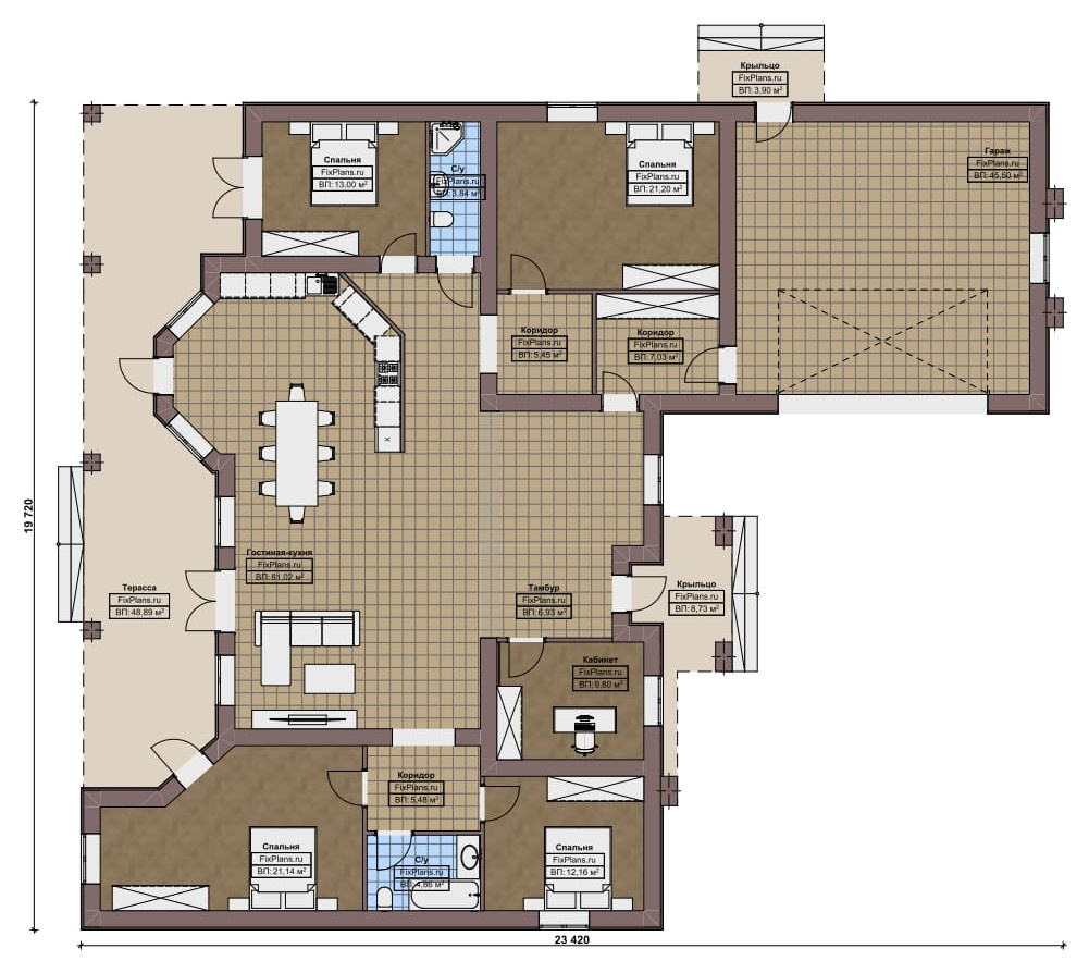 Проект одноэтажного дома 23х20м S286м2 F-17225