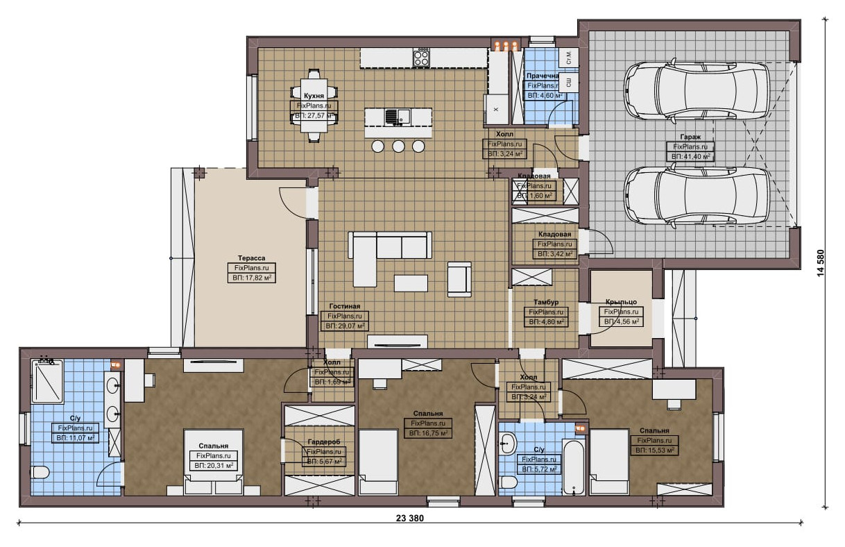 Проект одноэтажного дома 23х15м S214м2 F-16811