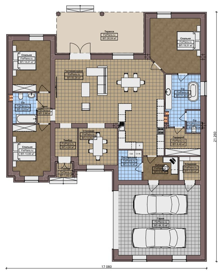 Проект одноэтажного дома 17х21м S237м2 F-16820