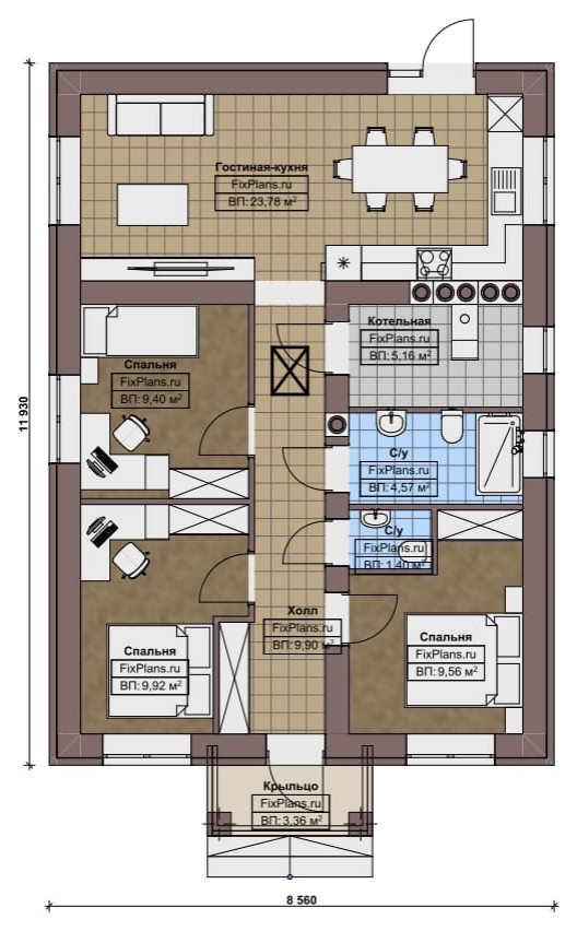 Проект одноэтажного дома 9х12м S74м2 F-16874