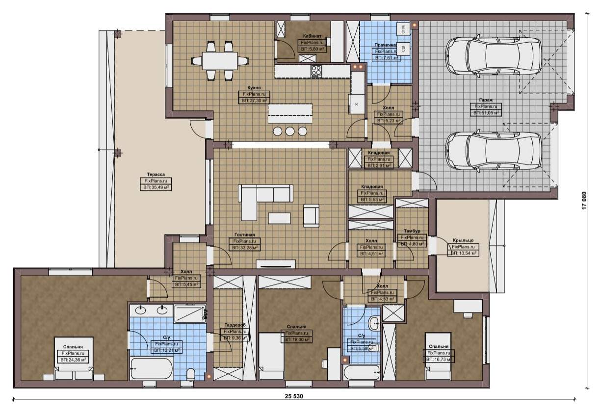 Проект одноэтажного дома 17х26м S289м2 F-16766