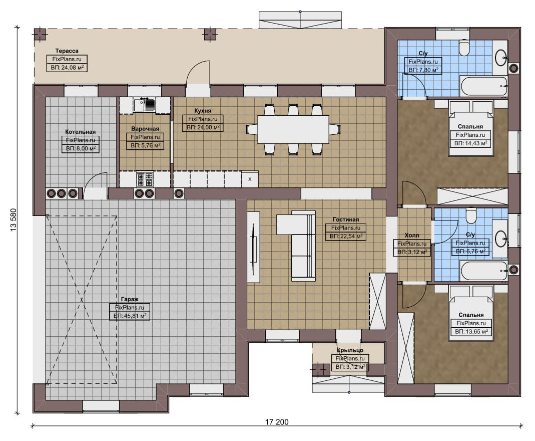 Проект одноэтажного дома 17х14м S176м2 F-16721