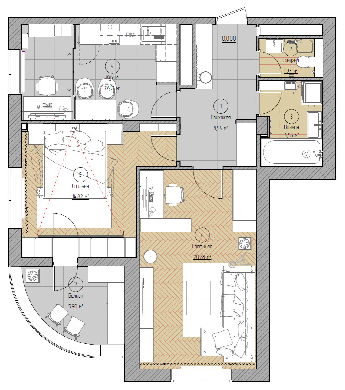 Дизайн-проект двухкомнатной квартиры 69 м2