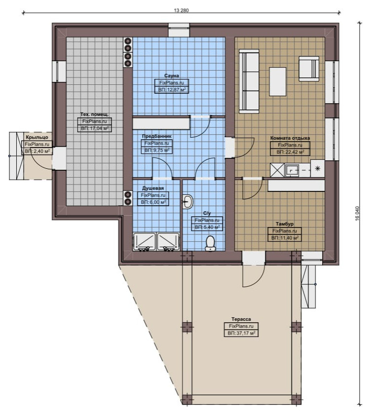 Проект одноэтажного дома 13х16м S122м2 F-15398