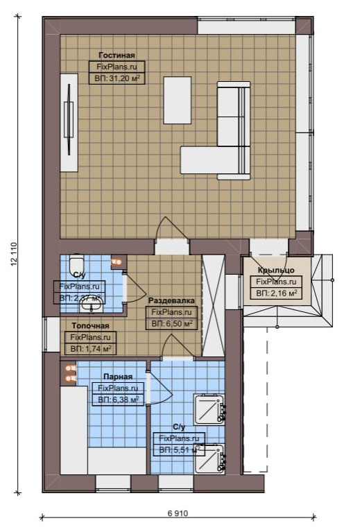 Проект одноэтажного дома 12х7м S54м2 F-14984