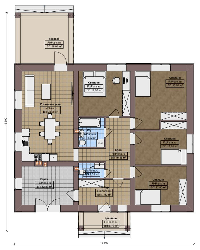 Проект одноэтажного дома 17х14м S139м2 F-15200