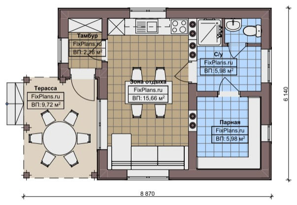 Проект одноэтажного дома 6х9м S40м2 F-14939