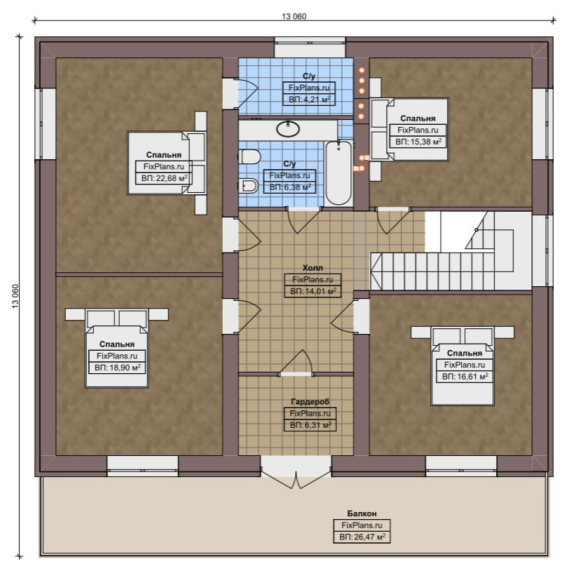Проект двухэтажного дома 13х13 м S267м2 F-14723