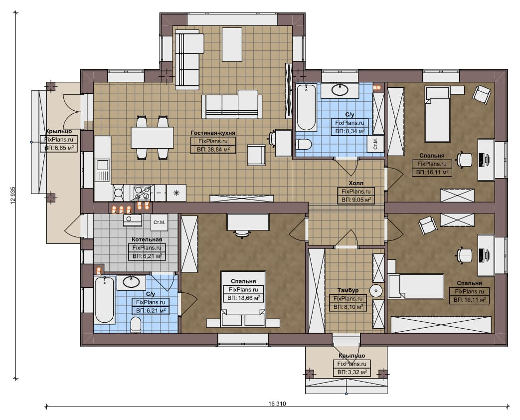 Проект одноэтажного дома 13х16м S128м2 F-14777