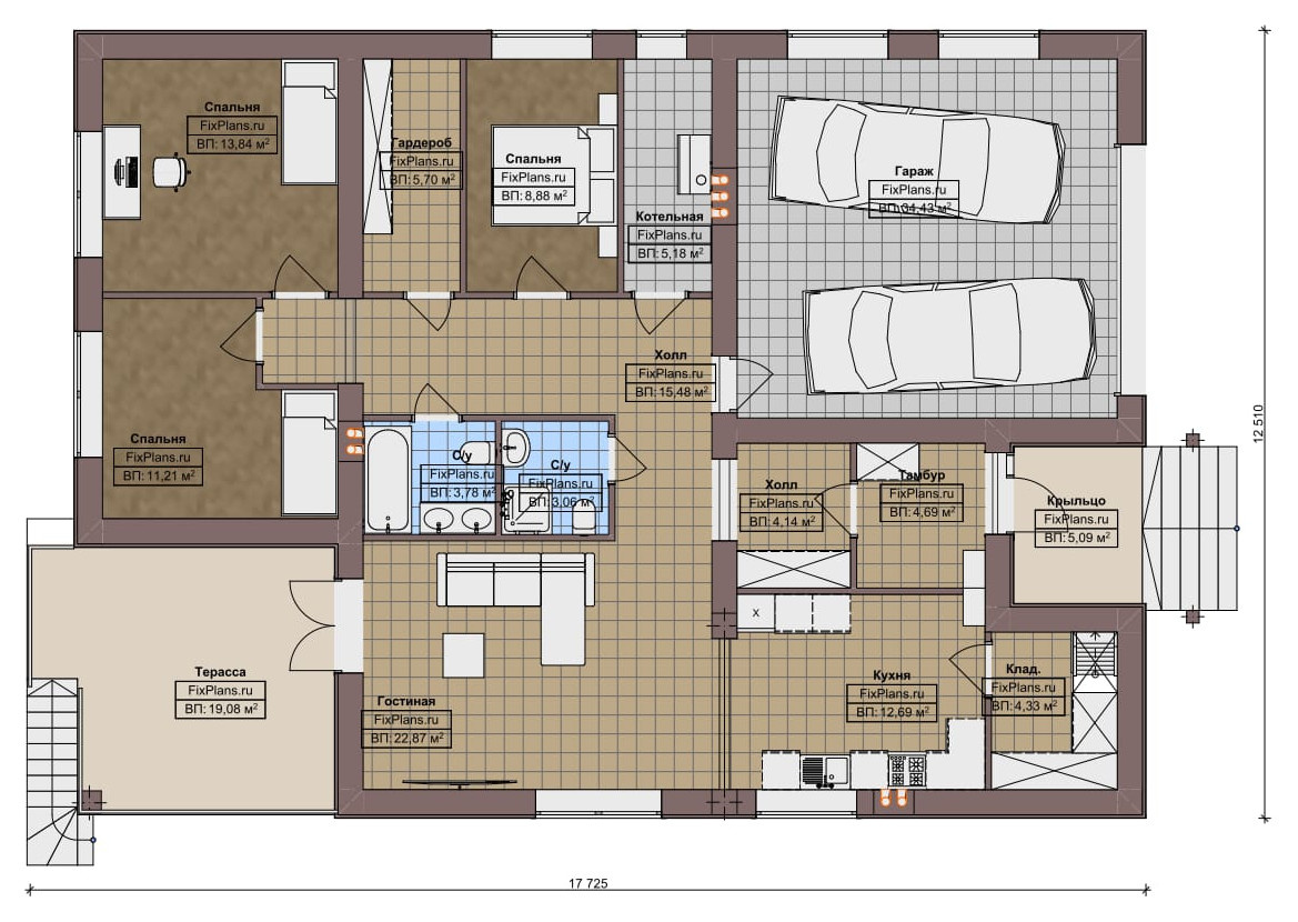 Проект одноэтажного дома 13х18м S169м2 F-14291
