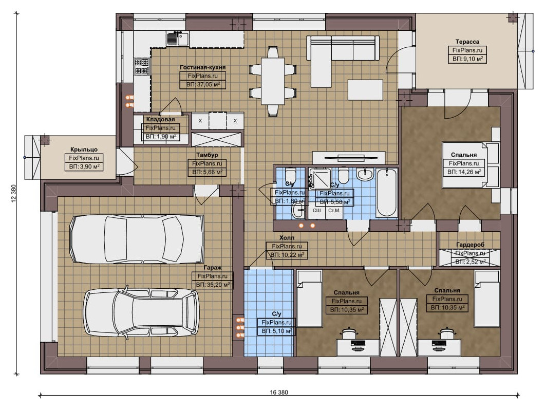 Проект одноэтажного дома 12х16м S149м2 F-14714