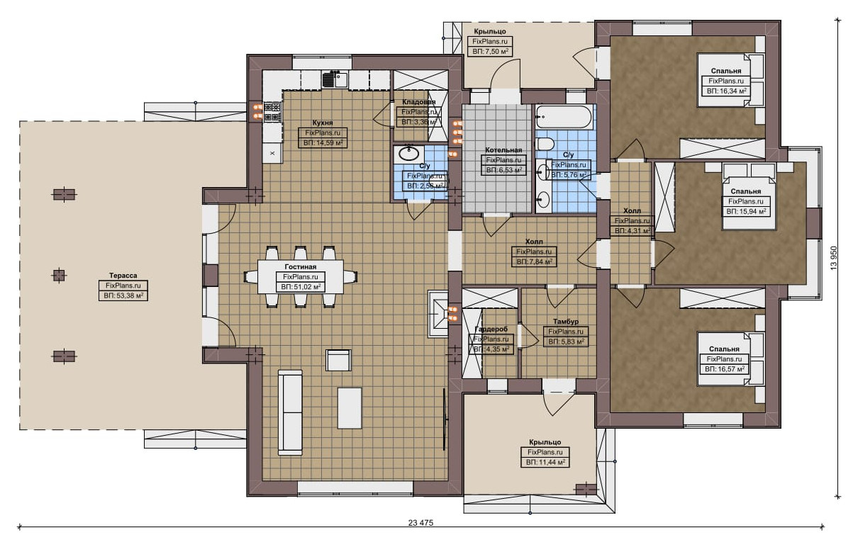 Проект одноэтажного дома 14х23м S208м2 F-14813