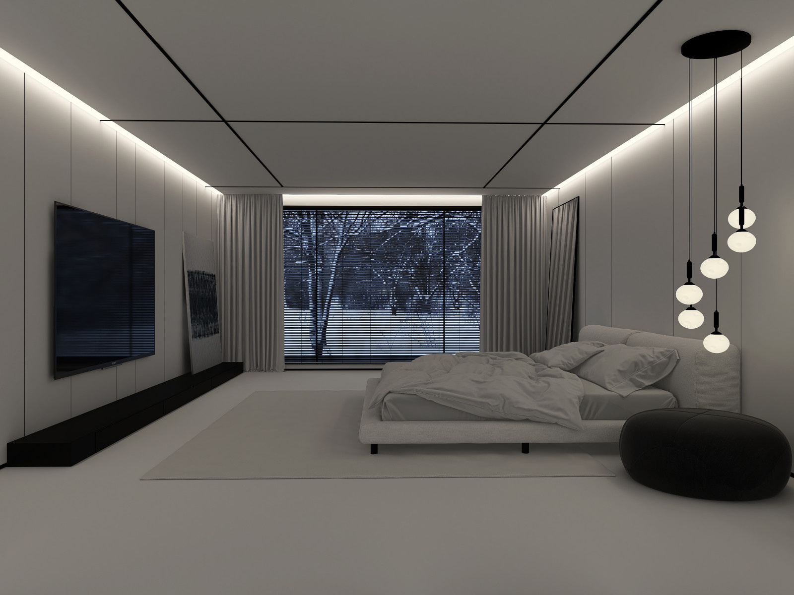 Белая спальня в стиле минимализм.  Основная чертами этой спальни это большая гар