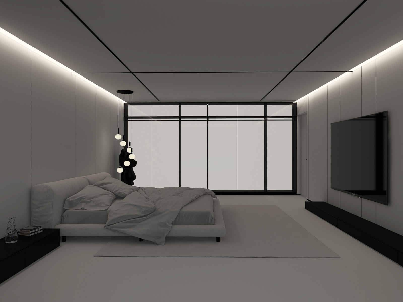 Белая спальня в стиле минимализм.  Основная чертами этой спальни это большая гар