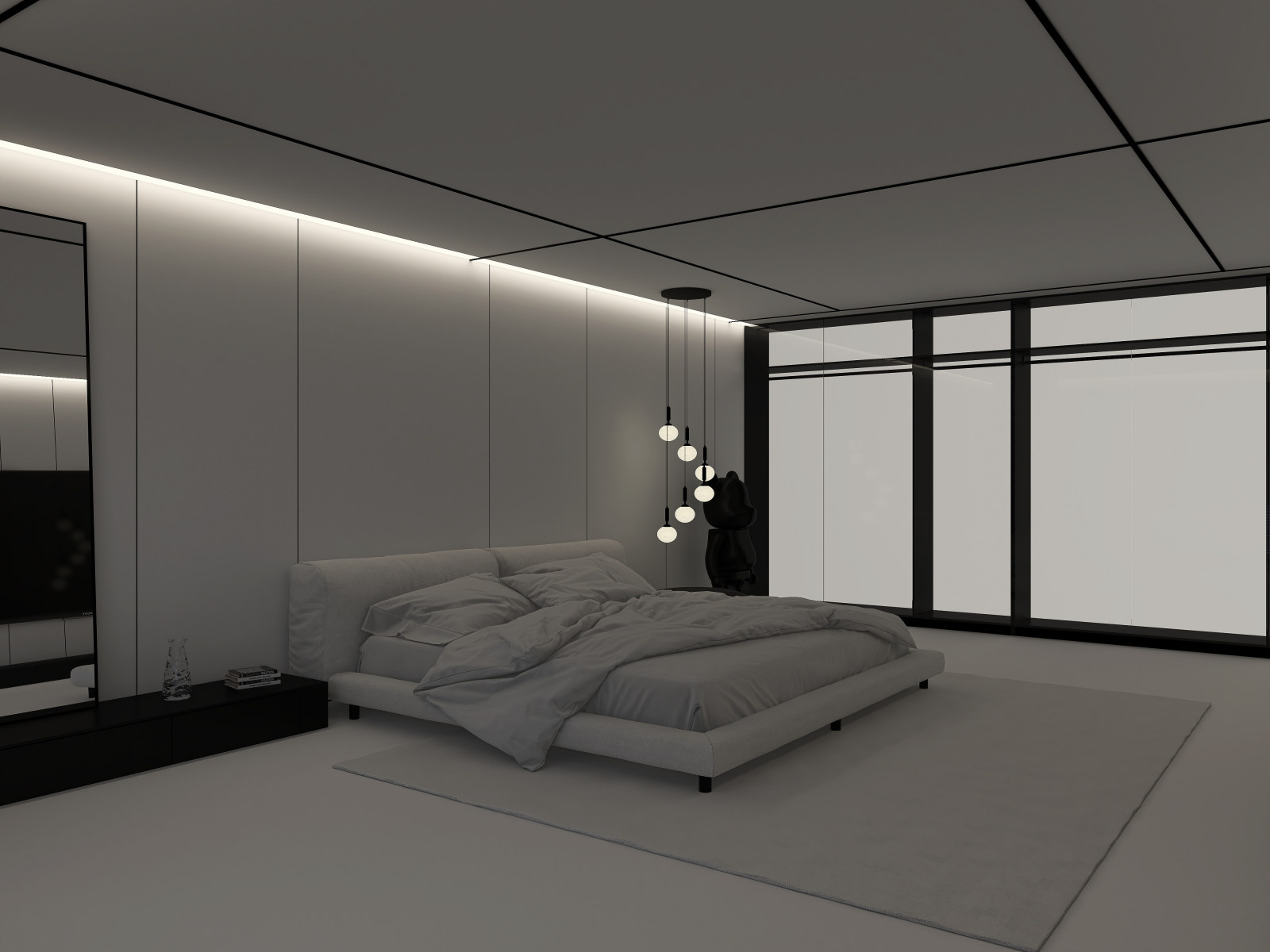 Белая спальня в стиле минимализм.  Основная чертами этой спальни это большая гар