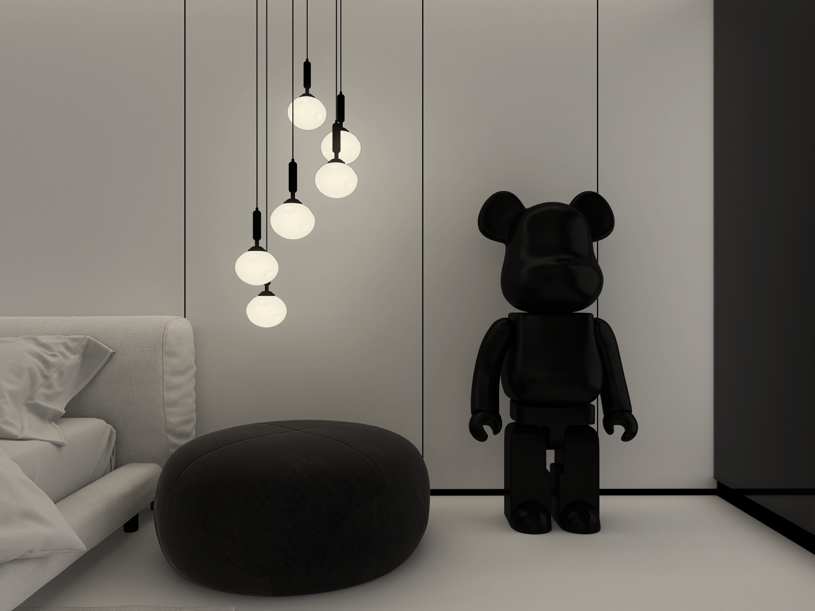 Белая спальня в стиле минимализм.  Основная чертами этой спальни это большая гар