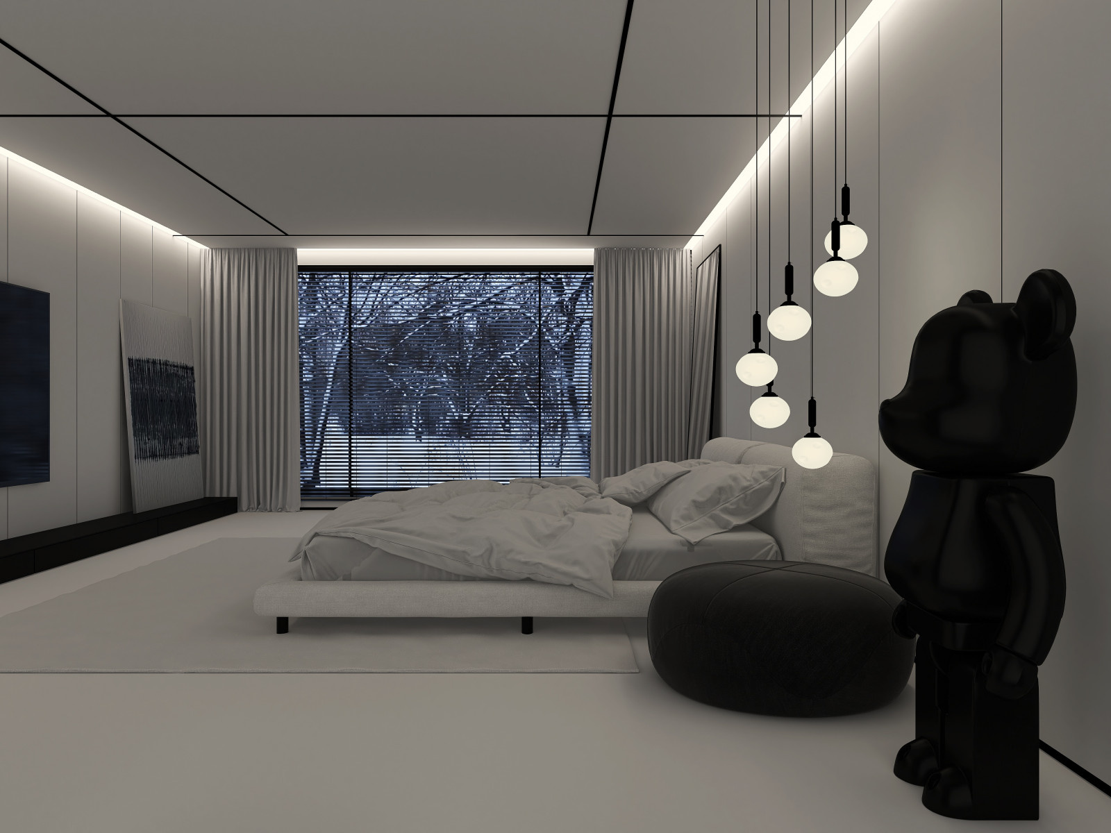 Белая спальня в стиле минимализм.  Основная чертами этой спальни это большая гар