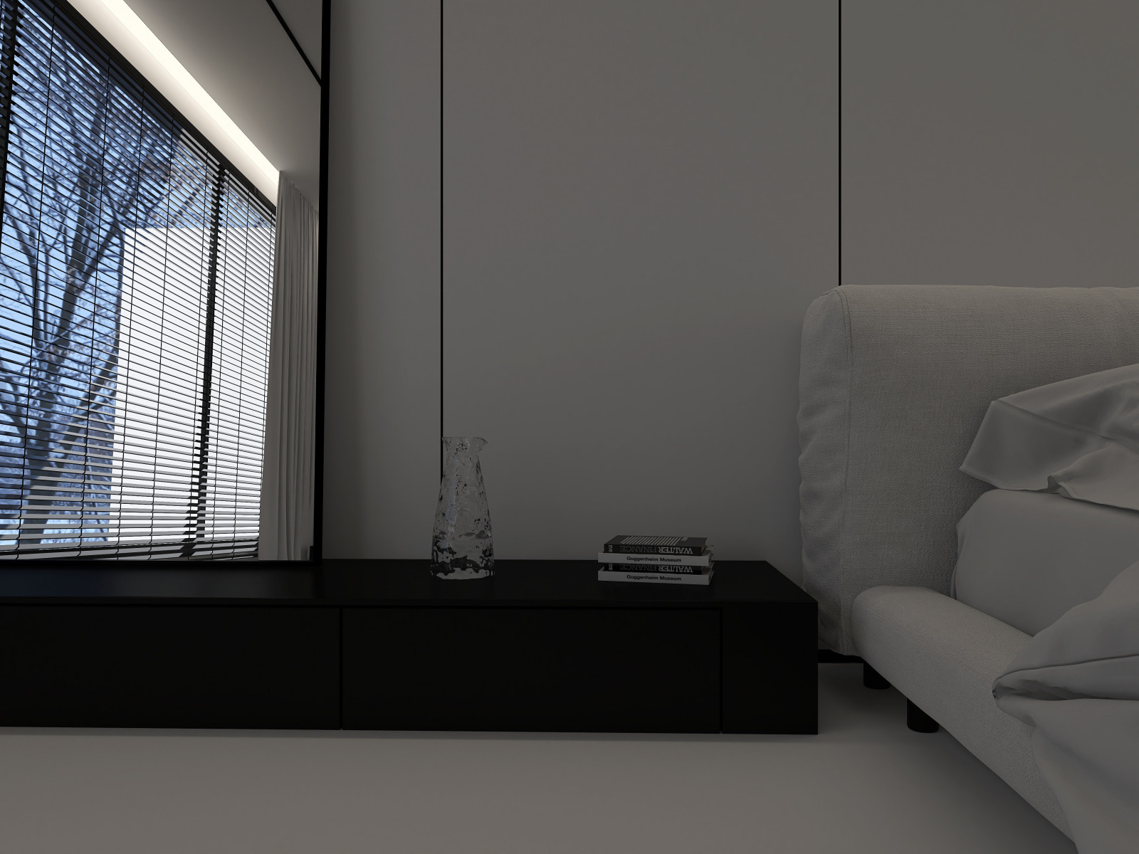 Белая спальня в стиле минимализм.  Основная чертами этой спальни это большая гар