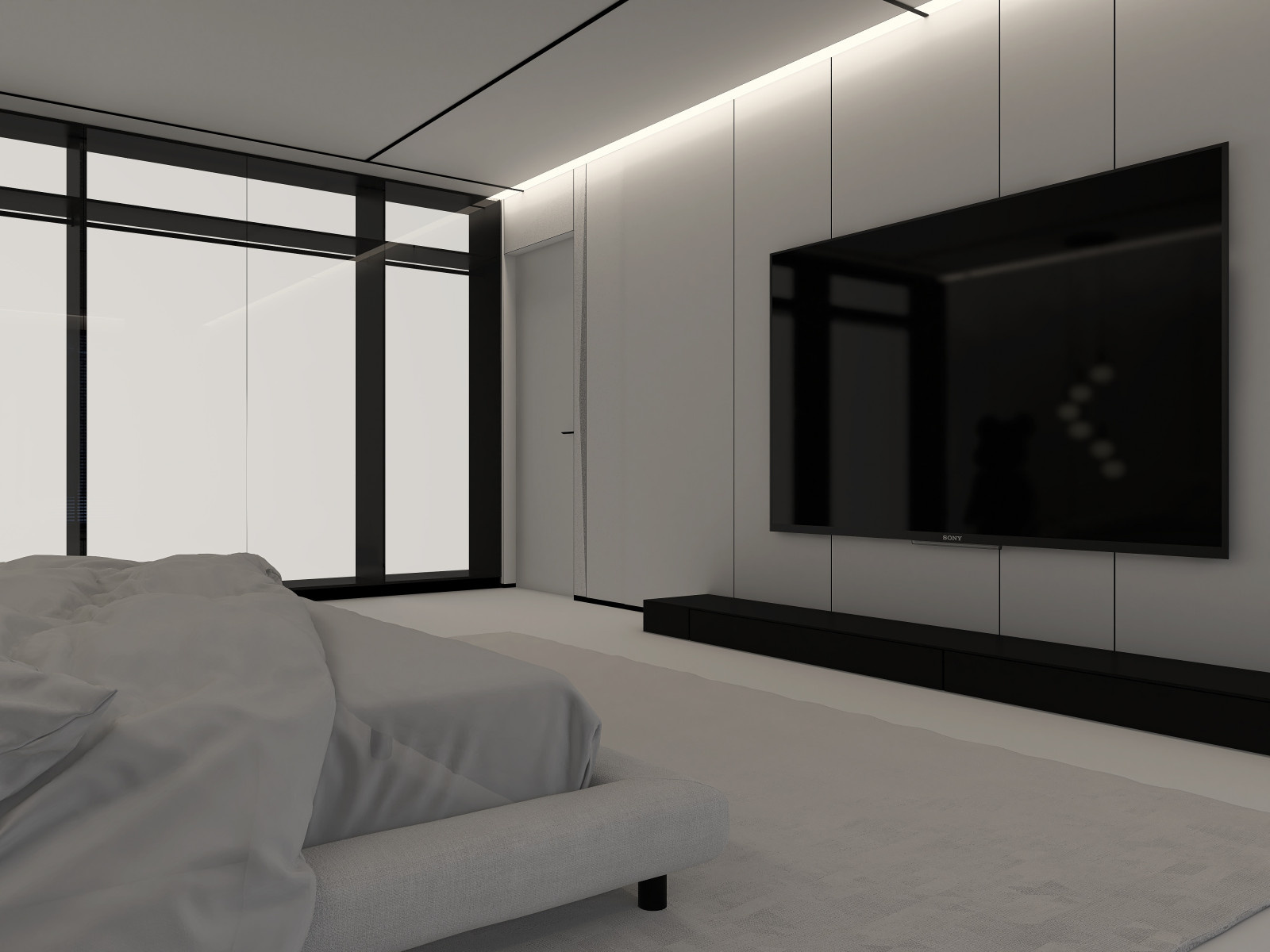 Белая спальня в стиле минимализм.  Основная чертами этой спальни это большая гар