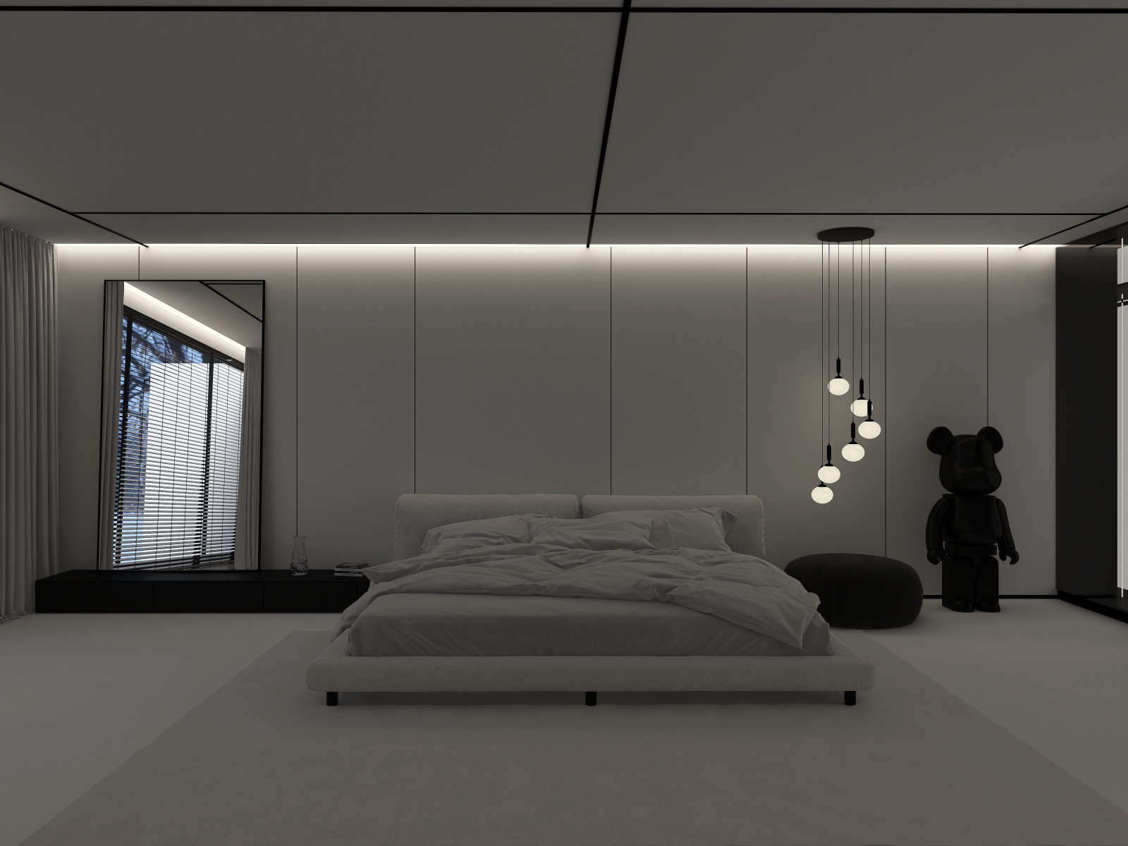 Белая спальня в стиле минимализм.  Основная чертами этой спальни это большая гар