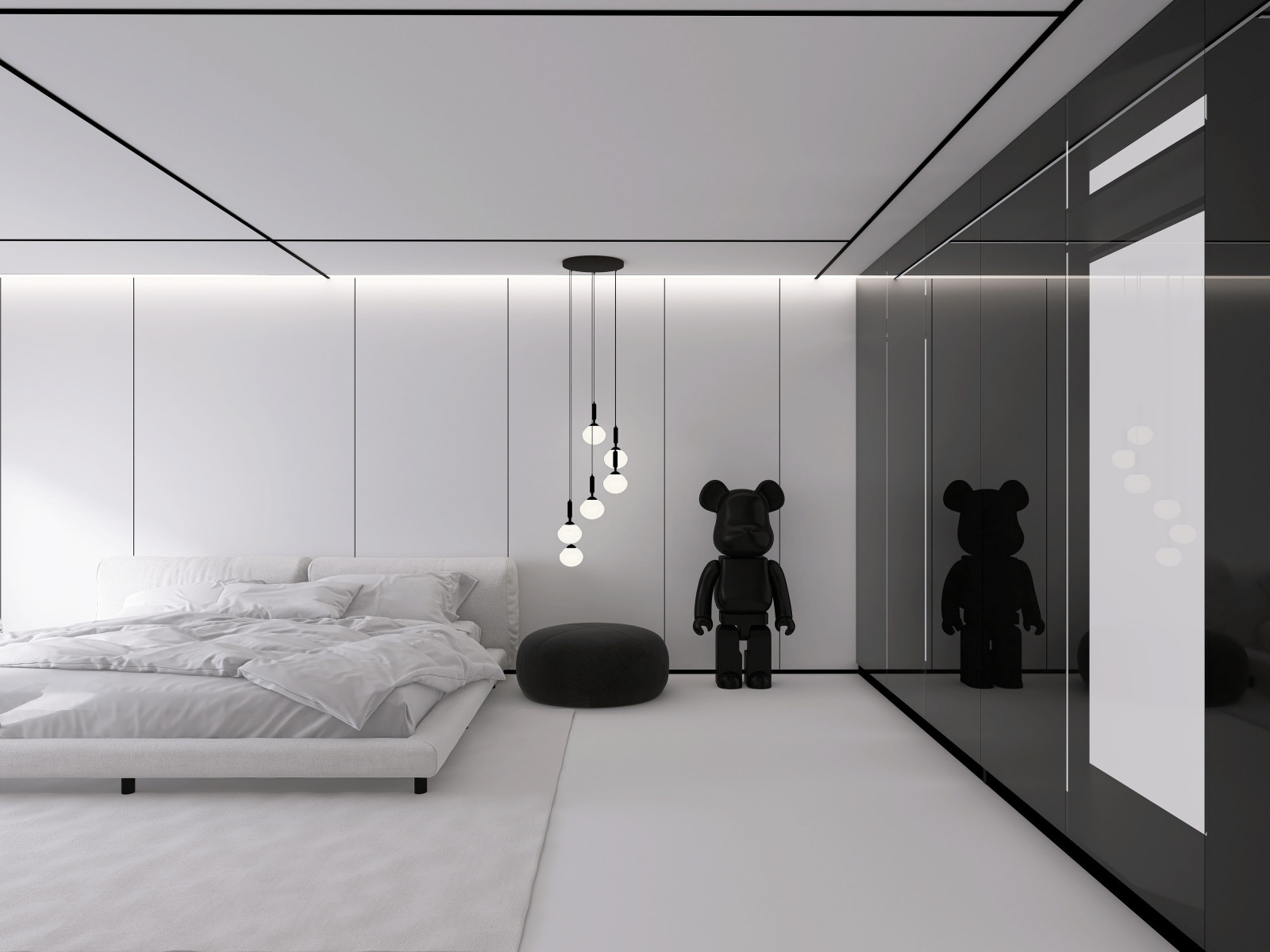 Белая спальня в стиле минимализм.  Основная чертами этой спальни это большая гар