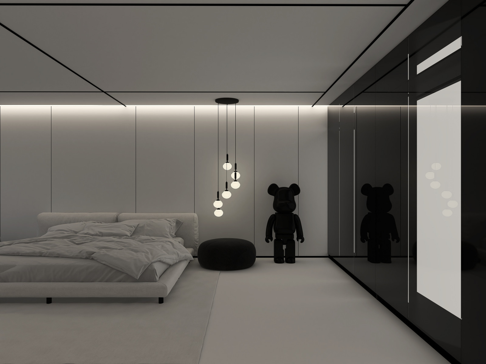 Белая спальня в стиле минимализм.  Основная чертами этой спальни это большая гар