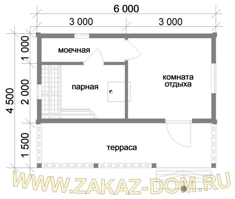 Проект одноэтажной бани из бруса (6х4.5 м) : Б-111