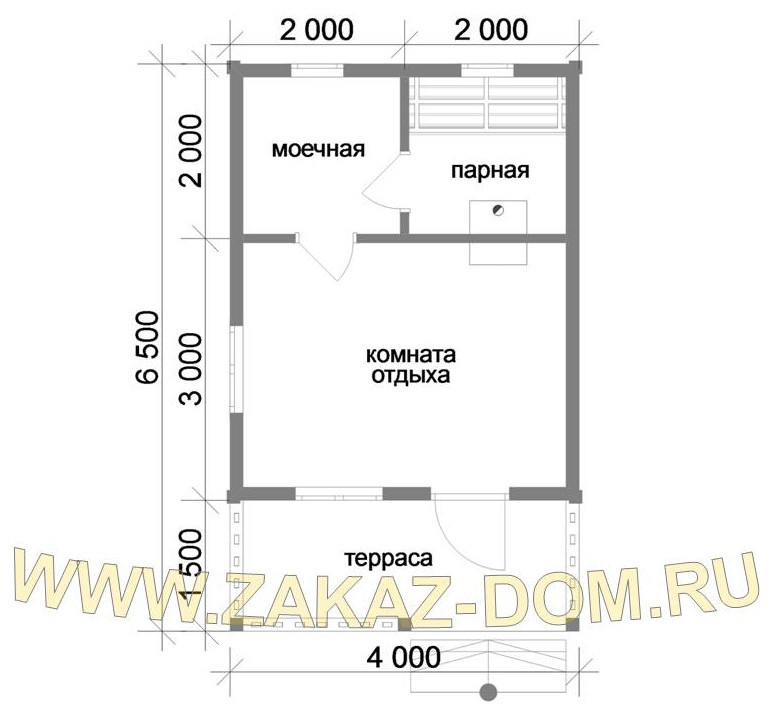 Проект одноэтажной бани из бруса (4х6.5 м) : Б-113