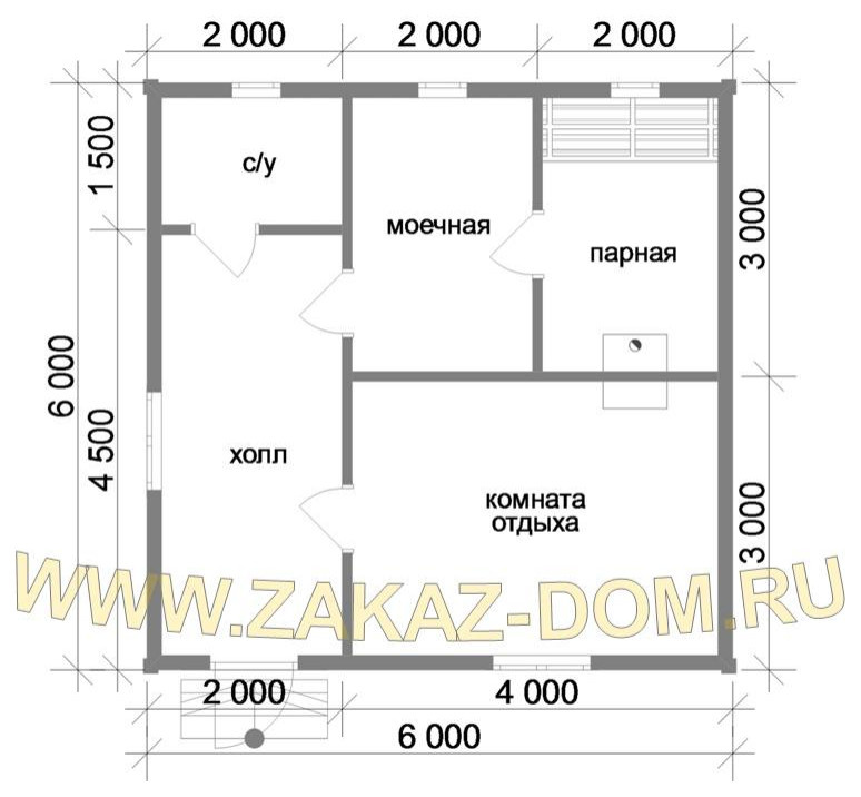 Проект одноэтажной бани из бруса (6х6 м) : Б-112