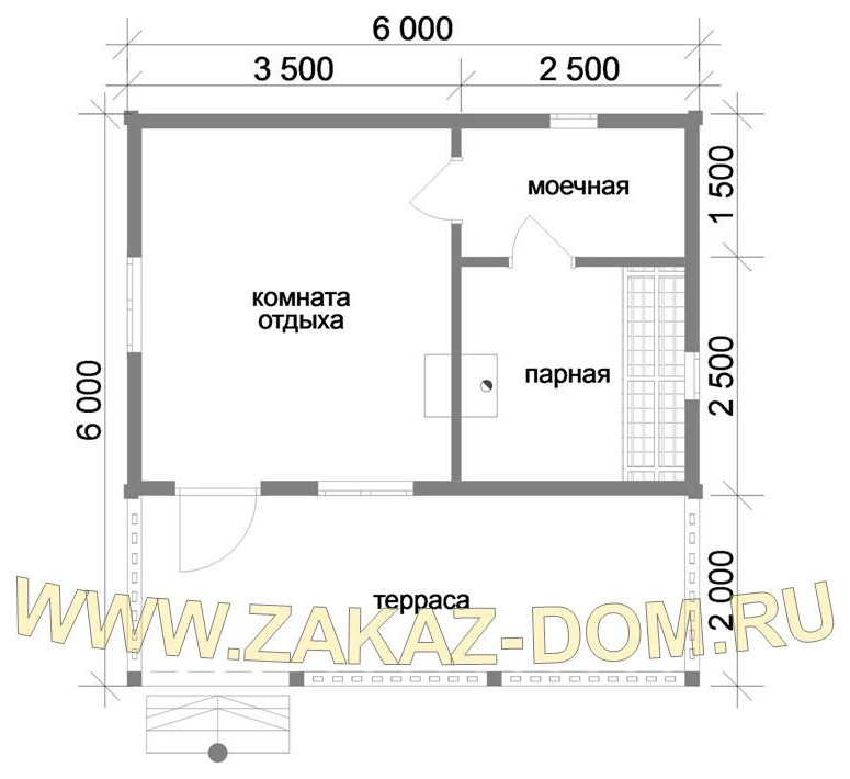 Проект одноэтажной бани из бруса (6х6 м) : Б-110