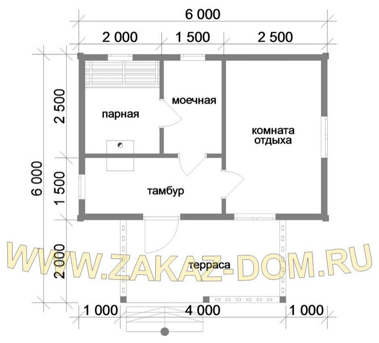 Проект одноэтажной бани из бруса (6х6 м) : Б-106