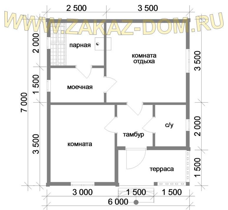 Проект одноэтажной бани из бруса (6х7 м) : Б-107