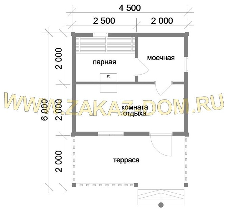 Проект одноэтажной бани из бруса (4.5х6 м) : Б-105